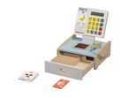 Wooden toy cash register with scanner, card reader, drawer, and play money cards.