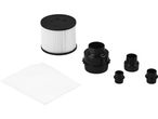 A white pleated filter, black vacuum hose adapters, and white filter bags on a white background.