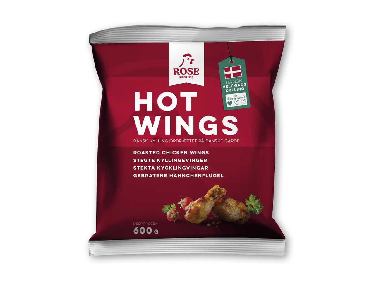Rød pose med Rose Hot Wings, stegte kyllingevinger, 600g.