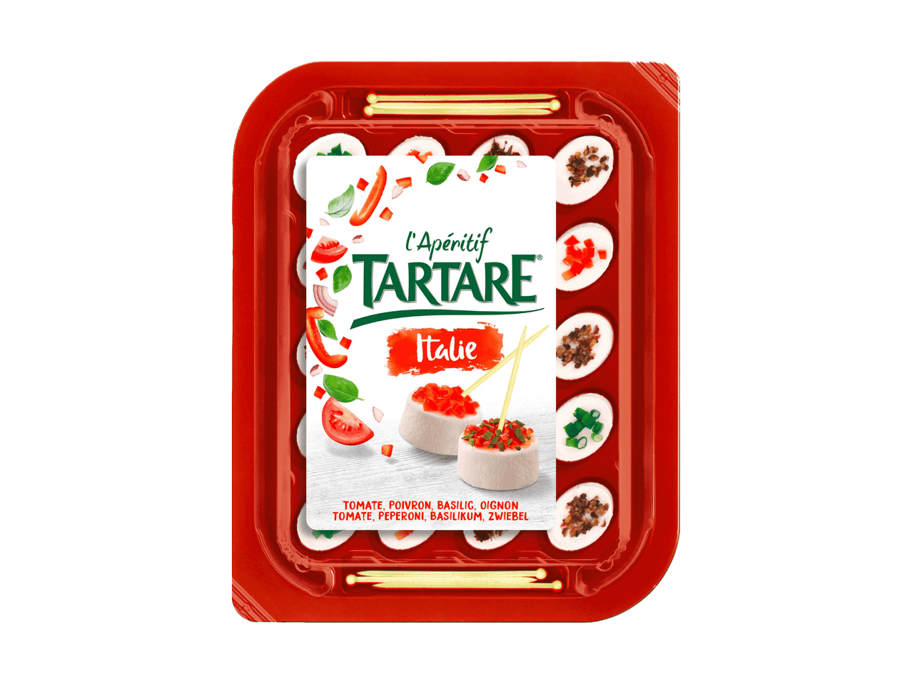 Aperitifplatte mit Frischkäse in italienischen Geschmacksrichtungen, mit Tomaten, Paprika, Basilikum und Zwiebeln.