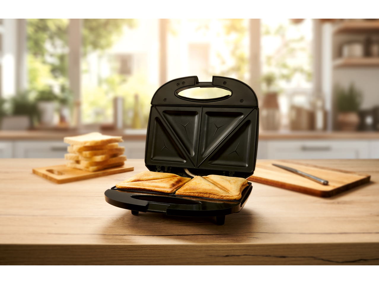Un toaster pentru sandwich-uri pregătește două felii triunghiulare într-o bucătărie însorită.