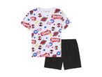 Boy's Marvel-themed pajama set with a printed top and black shorts.