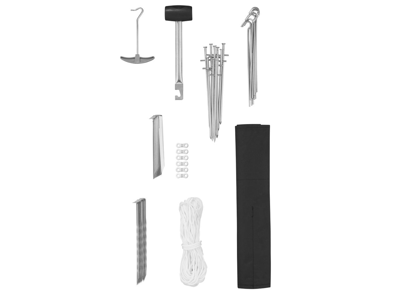 Tent stakes, mallet, and repair kit for camping.