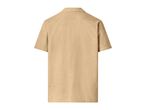 Back view of a men's short-sleeved collared shirt in a light beige color with a textured fabric.