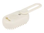White electric pet grooming brush with soft silicone bristles and a hanging loop