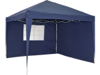 Blue pop-up gazebo with a window, set against a black background.