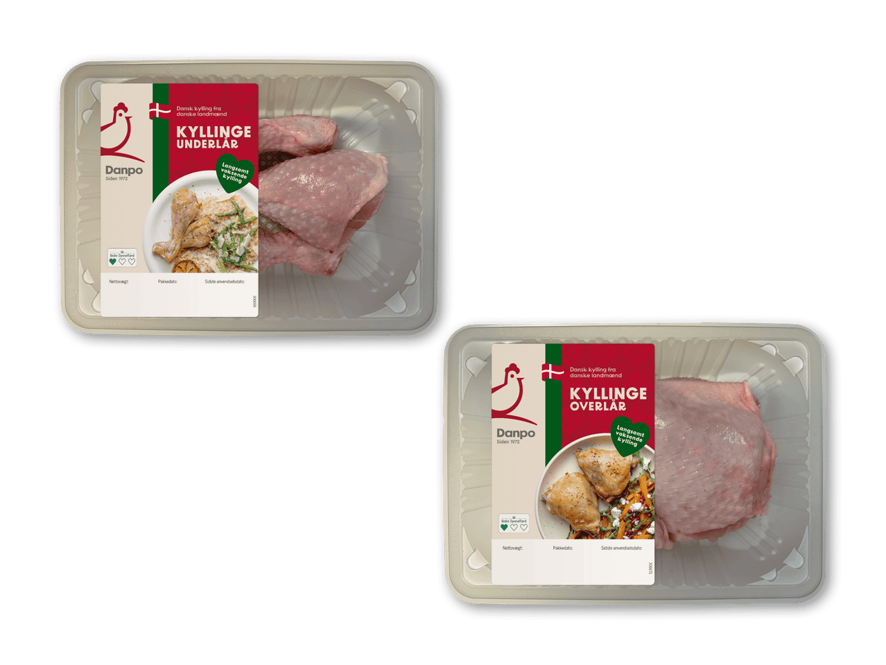To pakker kyllingeprodukter, den ene med kyllingeunderlår og den anden med kyllingeoverlår.