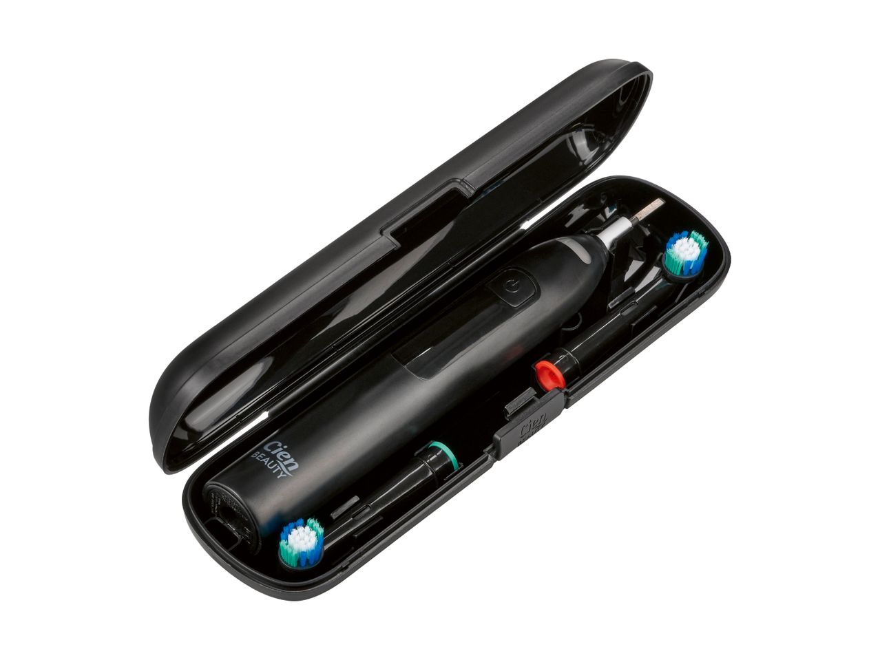 Cien Beauty electric toothbrush set with two brush heads in an open black travel case.