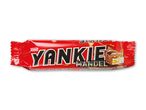 Rød chokoladebar med mandler og karamel, med teksten 'Yankie Mandel'.