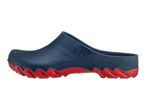 Blue and red garden clogs with a textured upper and a wavy sole.