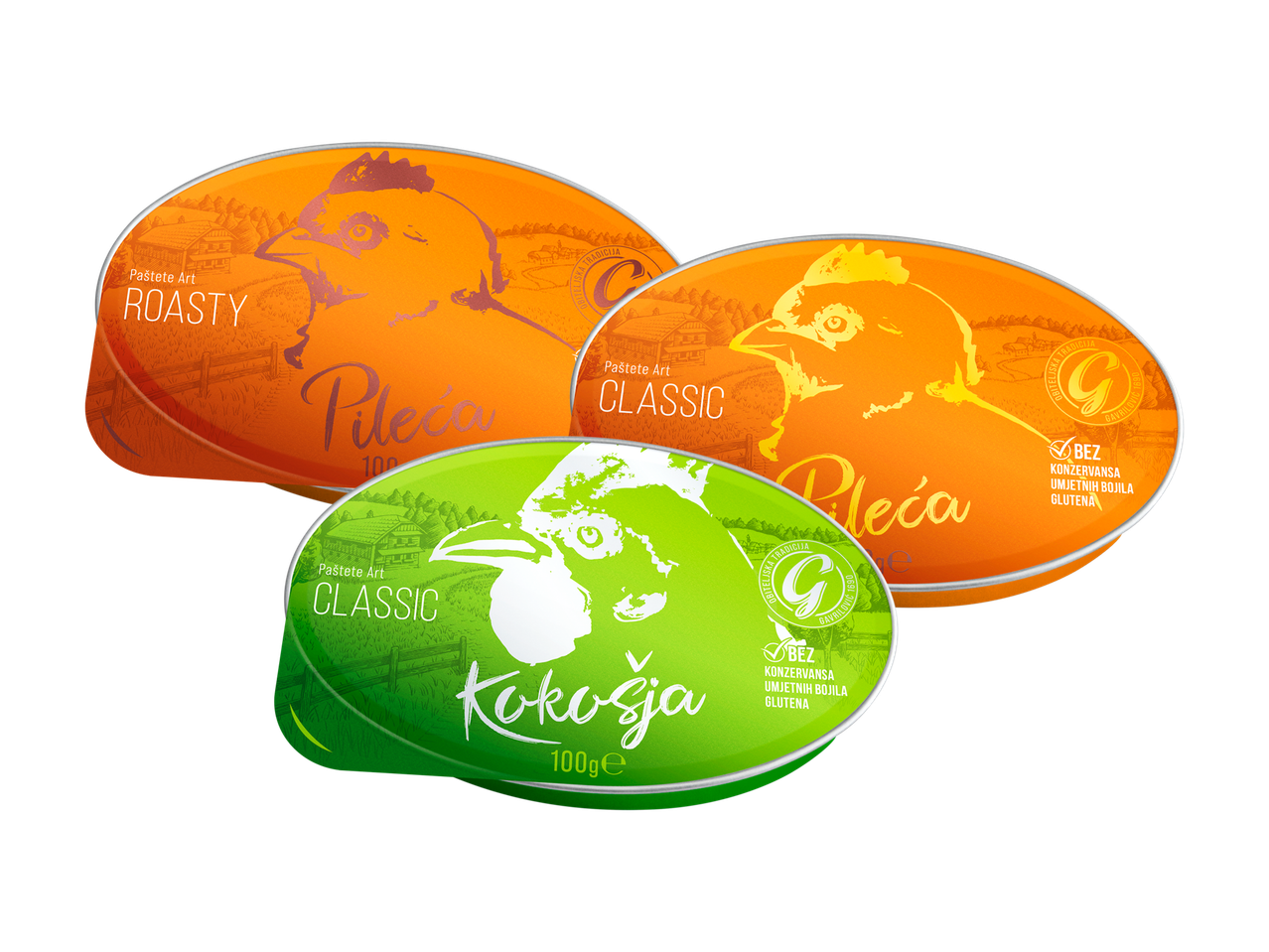 Tri pakiranja paštete s okusima piletine i kokoši, s natpisima 'Roasty' i 'Classic'.