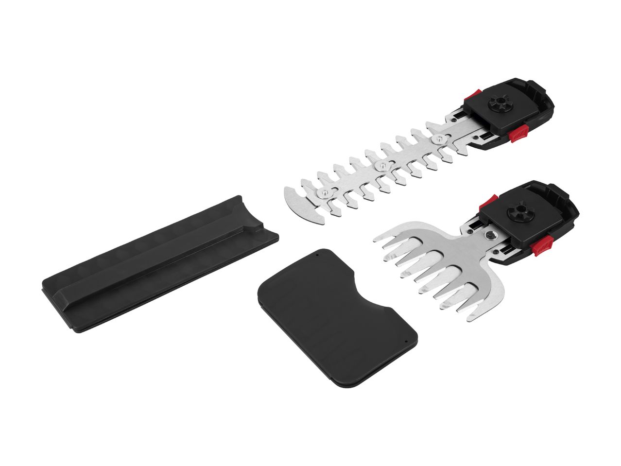 Two hedge trimmer blades and two protective covers on a white background.