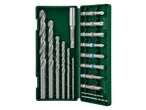 Drill bit and screwdriver bit set in a green case, including various sizes and types.