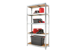 Metal shelving unit with plastic boxes, safety boots, and fuel cans.