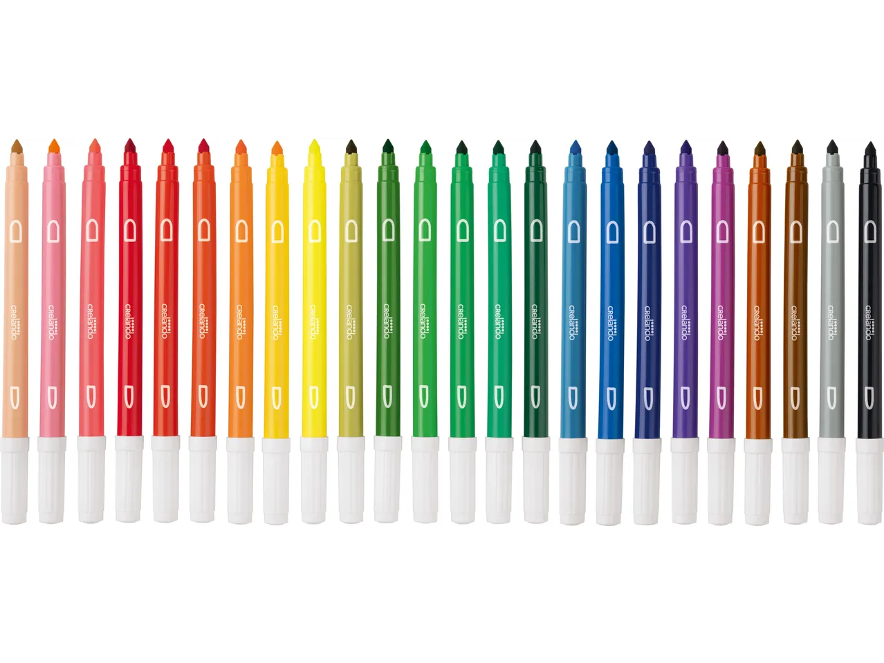 24 Crelado viltstiften in diverse kleuren, met witte doppen en gekleurde punten.