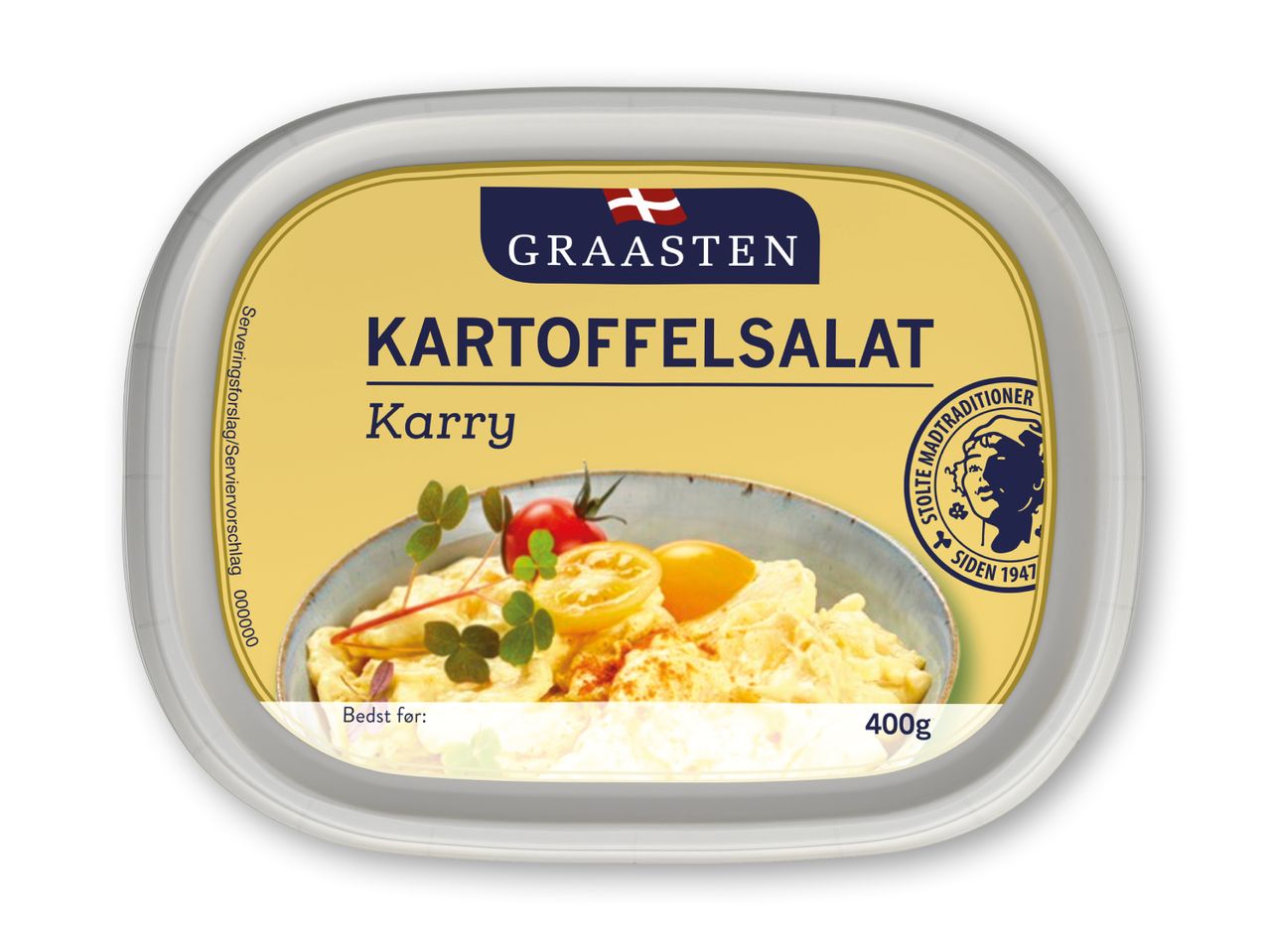 Kartoffelsalat med karry i en bakke, 400g.