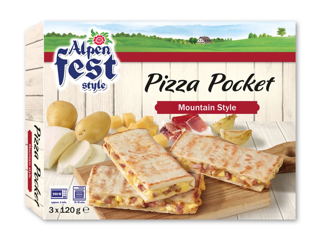Pizza Pocket i bjergstil med ost, skinke og kartofler, klar på 2 minutter i mikroovn.