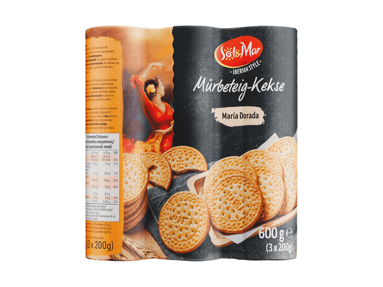 Packung Mürbeteig-Kekse mit spanischem Tänzerin-Motiv und Nährwertangaben.
