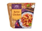 Butter Chicken med ris, rød peber og koriander i en skål, med et indisk-inspireret design.