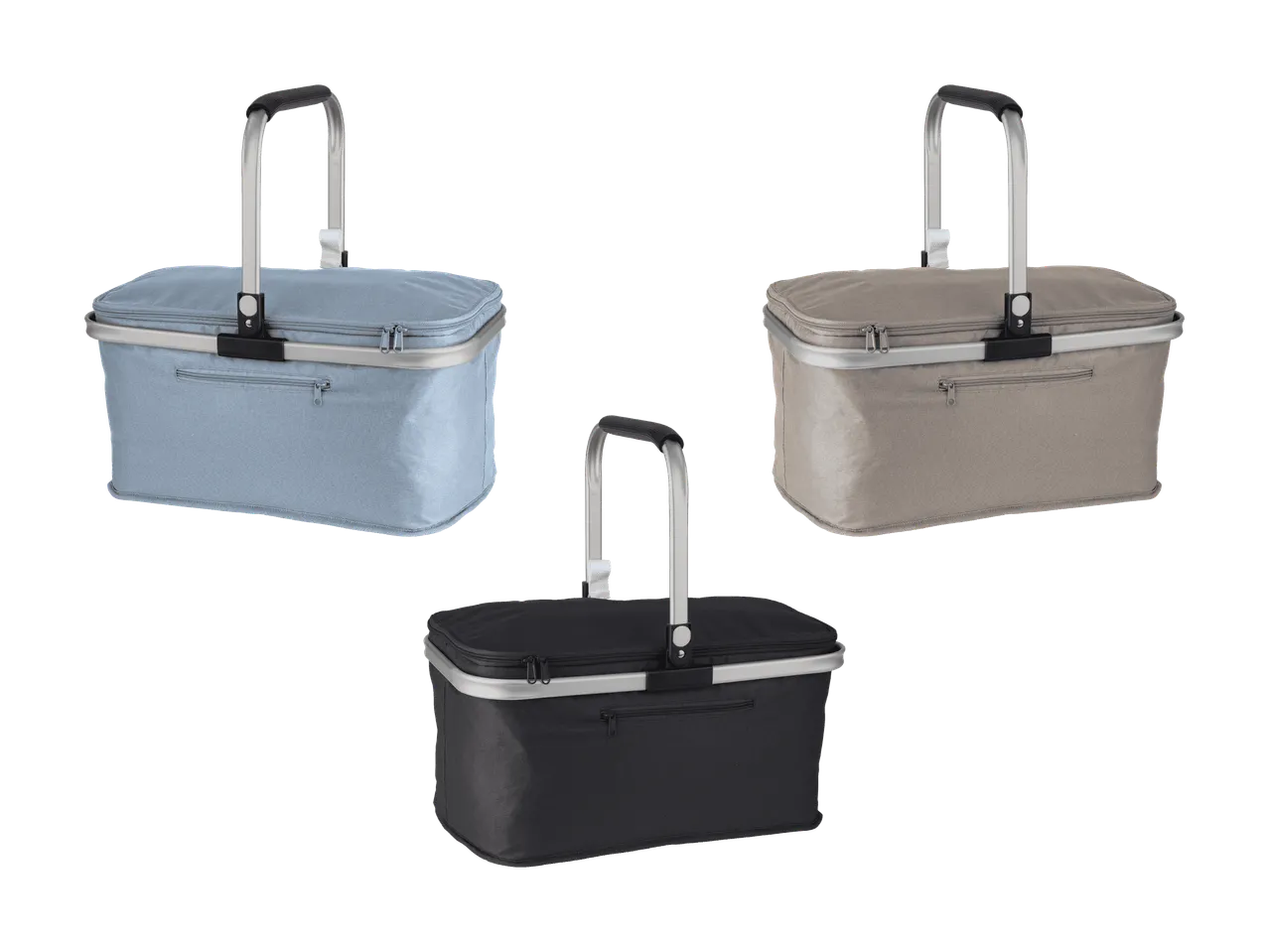 Drei isolierte Einkaufskörbe in Hellblau, Beige und Schwarz mit Aluminiumgriffen.