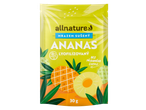 Pachet Allnature de ananas liofilizat, fără zahăr adăugat, cu ilustrații de ananas.
