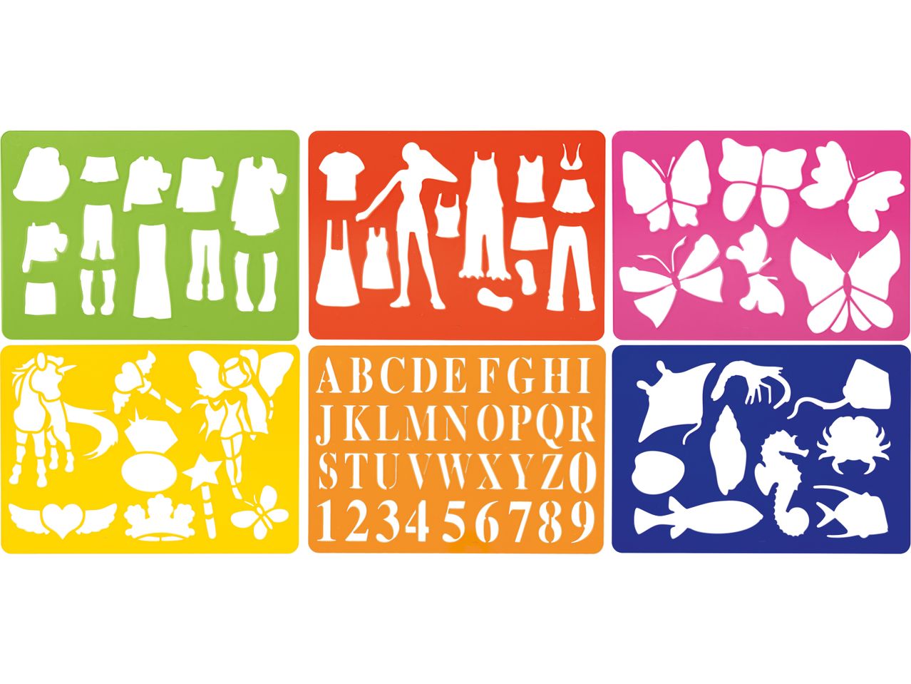 Set di stencil colorati con vestiti, farfalle, alfabeto, numeri, creature fantastiche e marine.