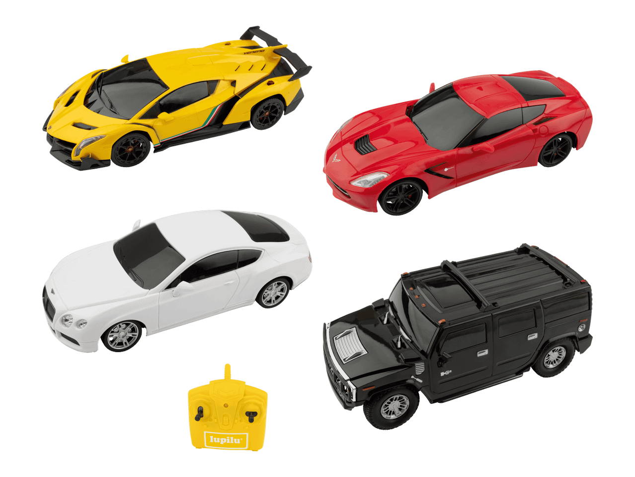 Neljä kauko-ohjattavaa leluautoa: keltainen urheiluauto, punainen urheiluauto, valkoinen luksusauto ja musta maastoauto, sekä keltainen kaukosäädin.