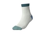 White sock with teal cuff and toe, and blue heel