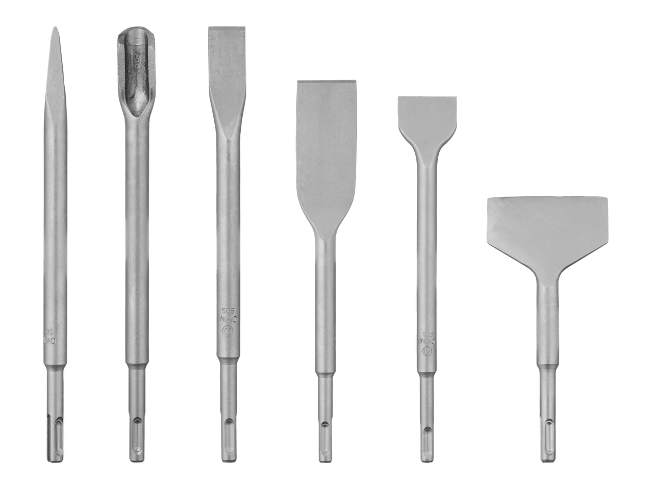 Kuusi erilaista SDS-piikkausterää, mukaan lukien piste-, taltta- ja lapioversiot.