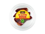 Red jalapeños with cream cheese in a clear plastic container, 150g, vegetarian.
