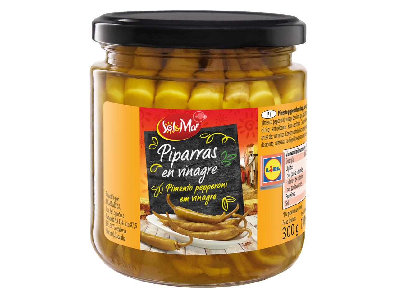 Sol&Mar Piparras en vinagre: Pimentos em conserva da Lidl em frasco.