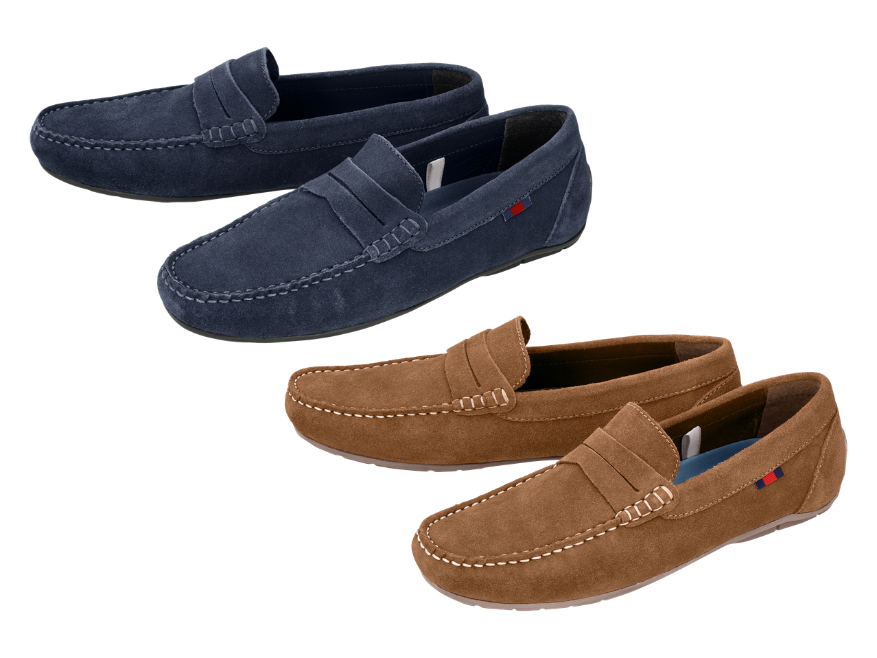 Dva para mokasina od brušene kože, jedan tamnoplavi i jedan smeđi.