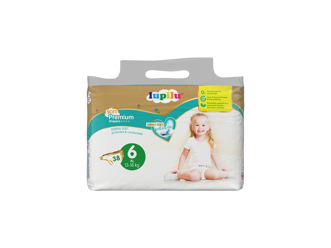 Scutece Lupilu Premium, mărime 6 (XL): 38 scutece pentru copii de 13-18 kg.