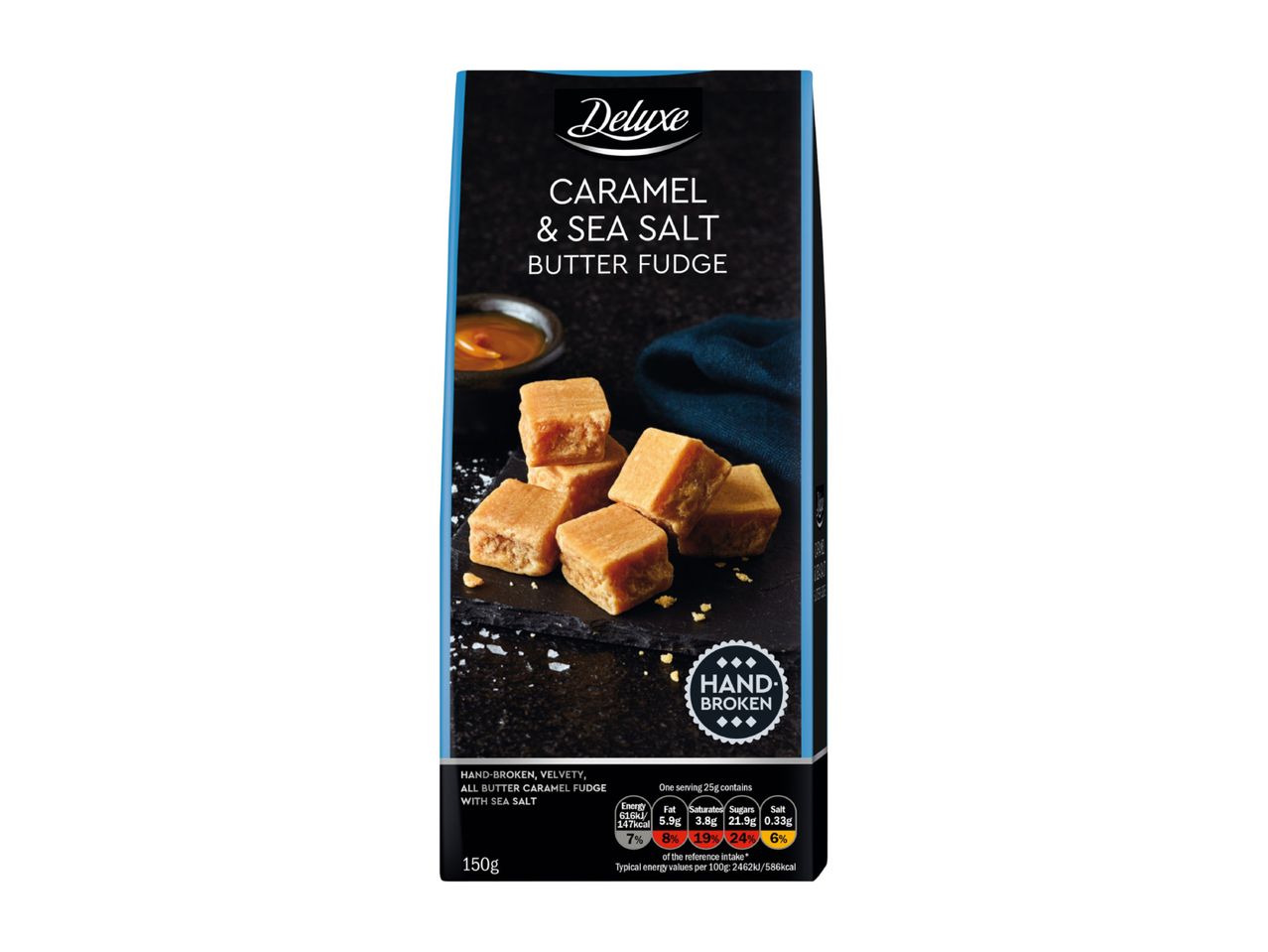 Deluxe Caramel & Sea Salt Butter Fudge, 150g, with nutritional information.
