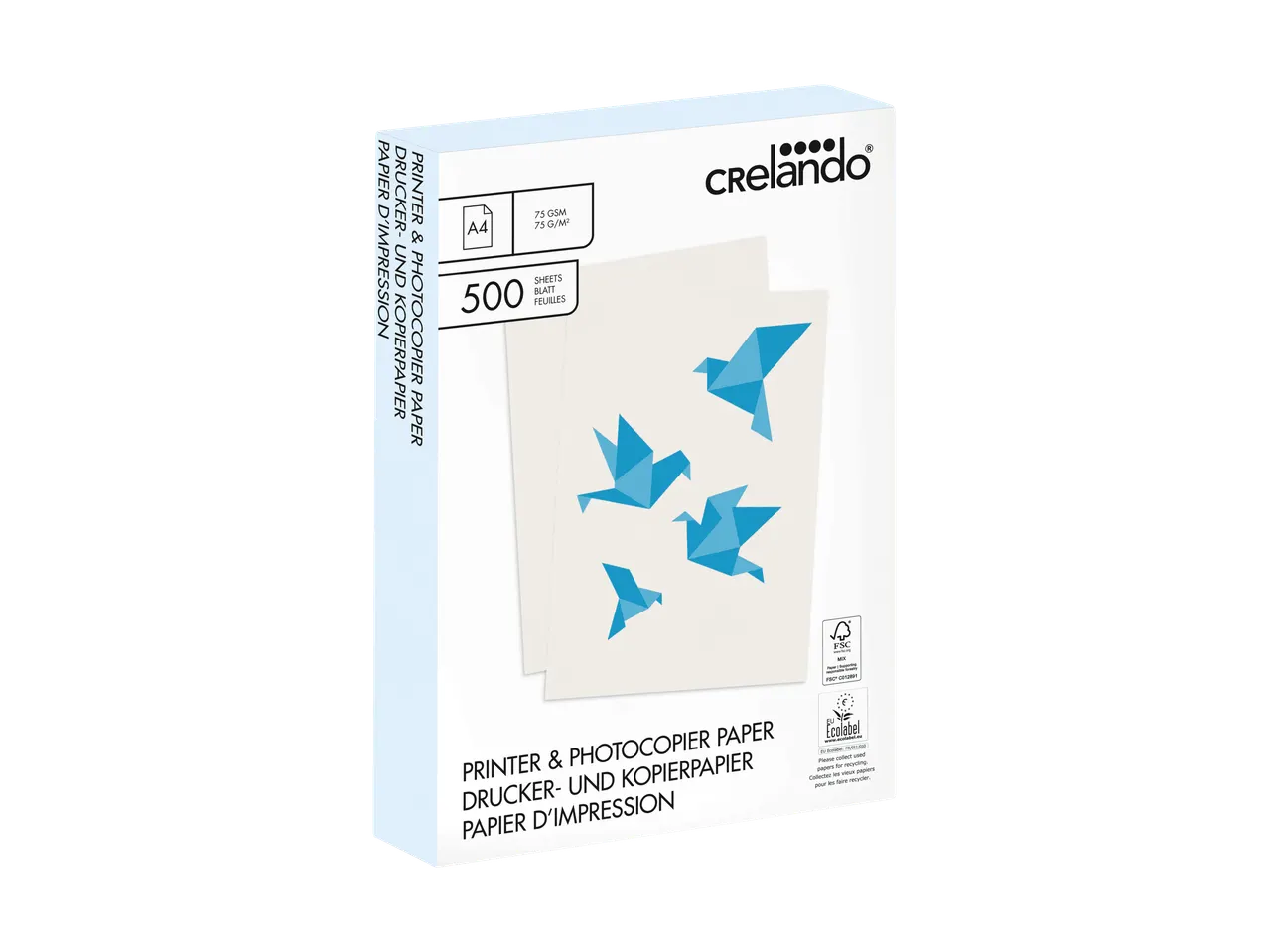 Papier imprimante et photocopieuse A4, 75 GSM, 500 feuilles, avec éco-labels et motif oiseaux origami.
