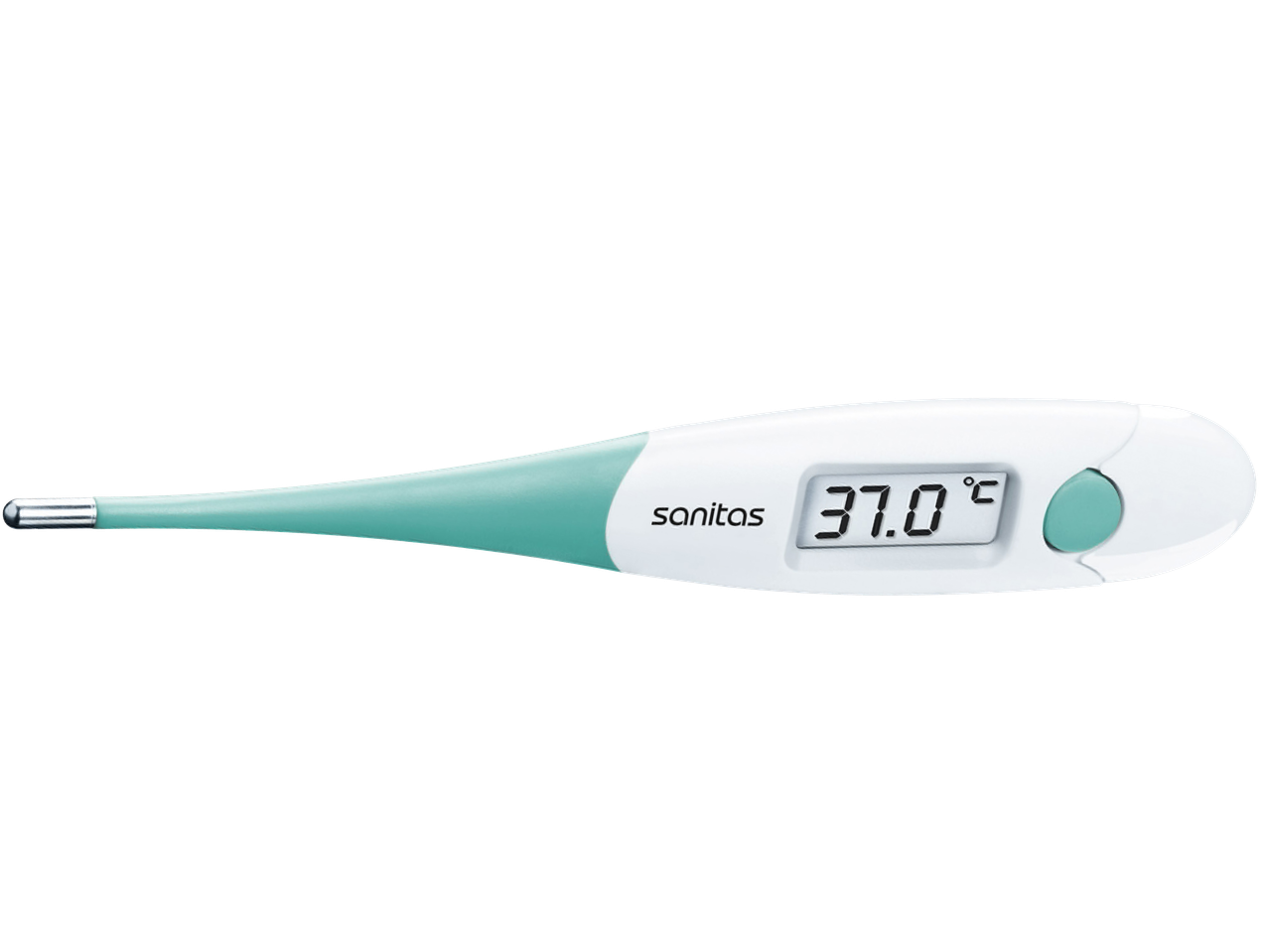 En Sanitas digital termometer visar 37,0°C.