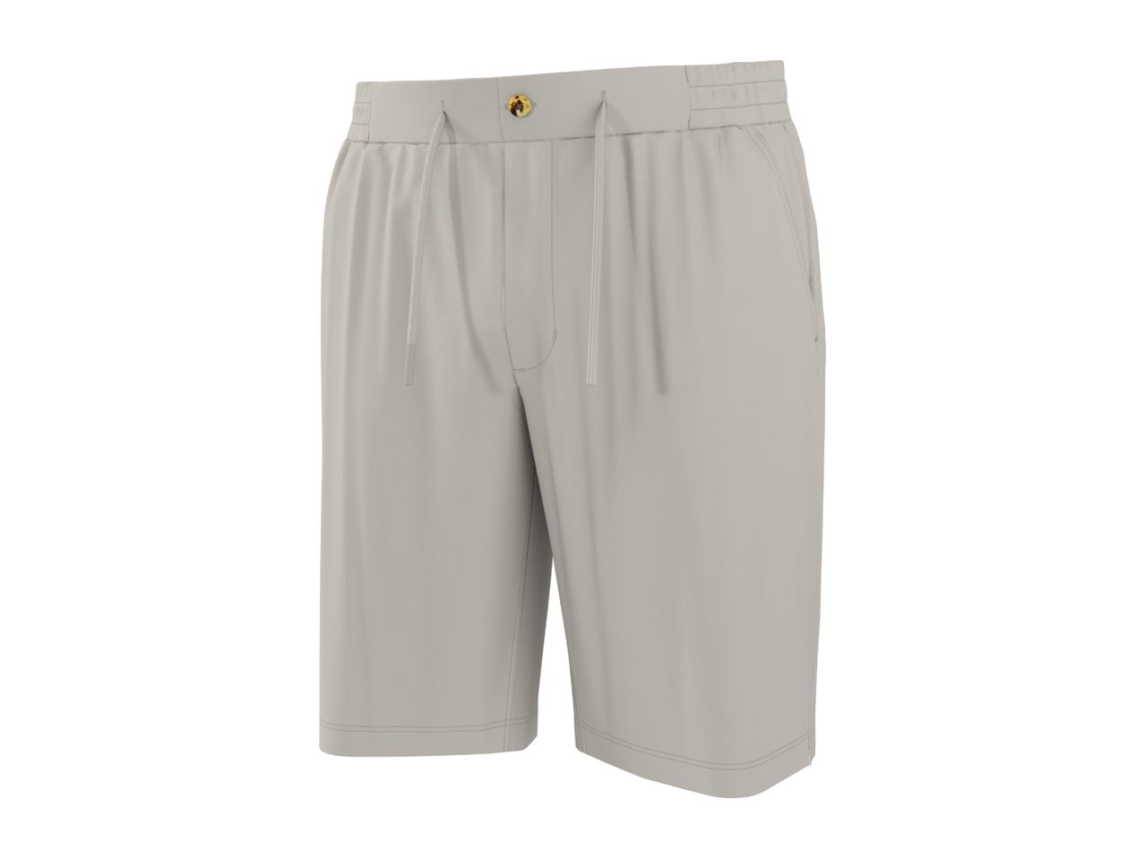 Light grey men's shorts with an elastic waistband and drawstring, featuring a single button closure.