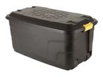A black plastic storage tote with a textured lid and yellow latches.