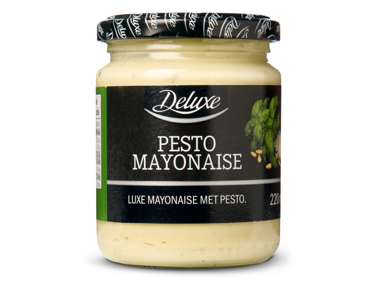 Deluxe Pesto Mayonaise in een glazen pot met zwarte etiket.