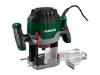 Green and black plunge router with a parallel guide attachment on a white background.
