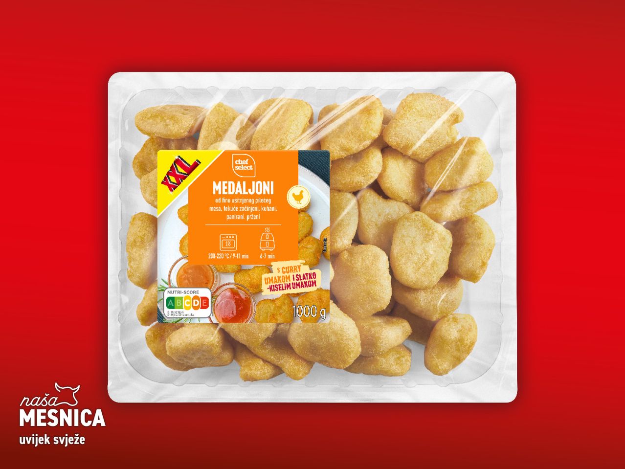 Pakiranje Chef Select Medaljona (pileći medaljoni) s umacima i Nutri-Score oznakom.
