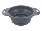 A gray silicone collapsible bowl with two handles.