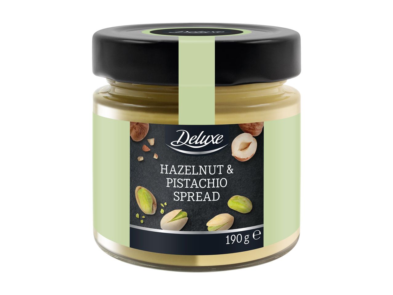 Βάζο με άλειμμα φουντουκιού και φιστικιού Deluxe, με ετικέτα που δείχνει φουντούκια και φιστίκια.