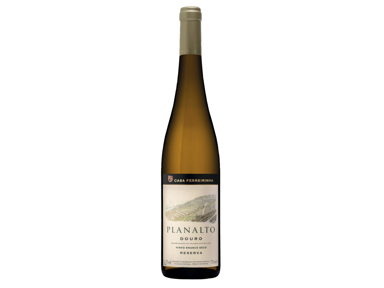 Planalto Vinho Branco Douro DOC Reserva, uma garrafa de vinho branco com ilustração de vinha.