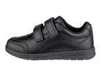 A black leather children's shoe with two straps.