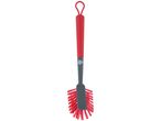 A red and gray Dirt Devil dish brush with a hanging loop.