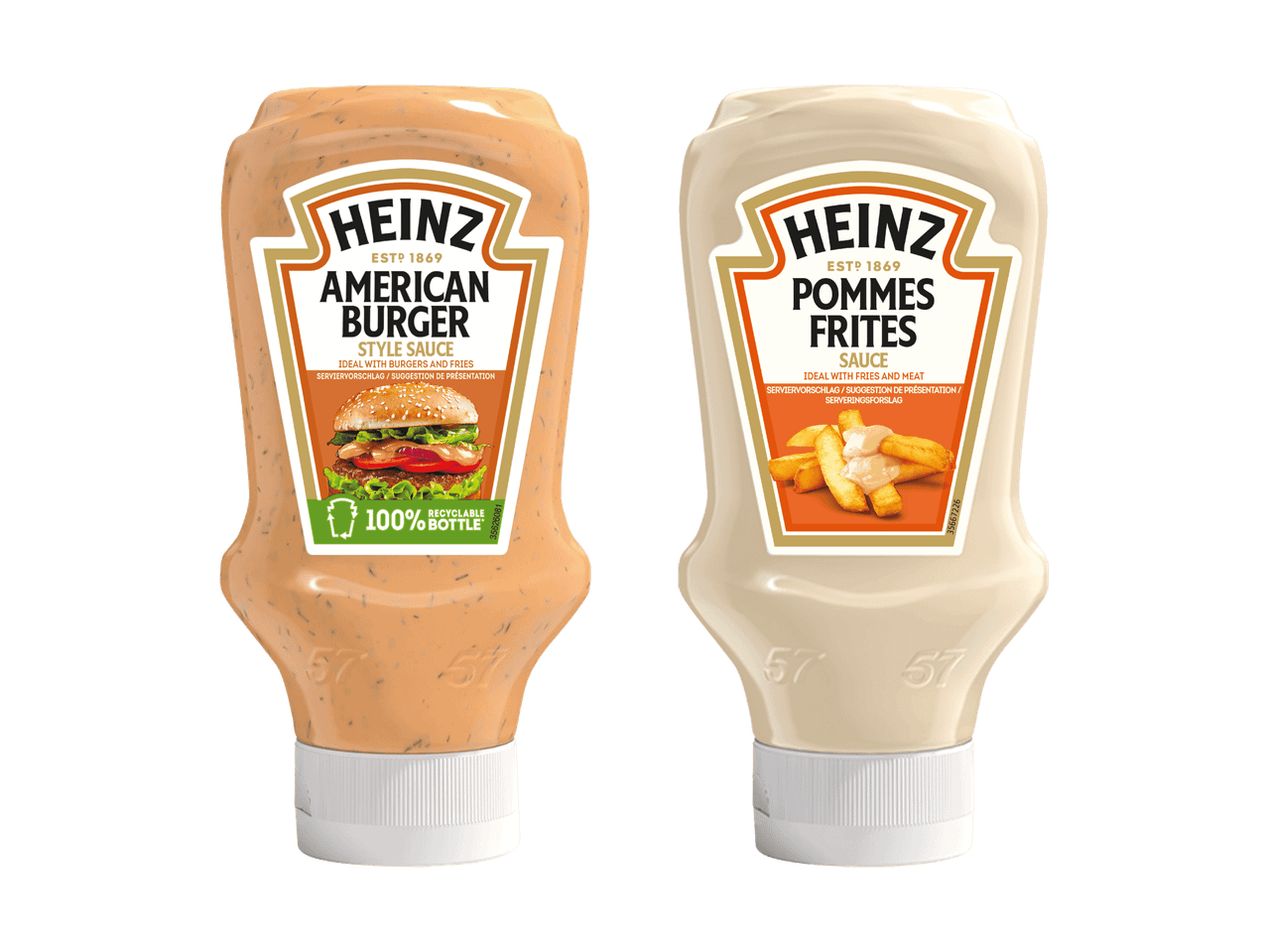Zwei Heinz Saucenflaschen: American Burger und Pommes Frites.