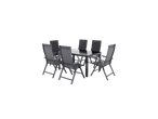 Conjunto de mobiliário de jardim cinzento com uma mesa e seis cadeiras.