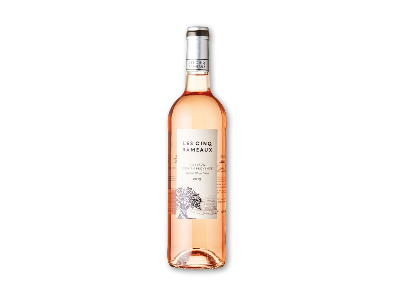 En flaske rosévin med en hvid etiket, der viser et træ og teksten 'Coteaux d'Aix en Provence 2019'.