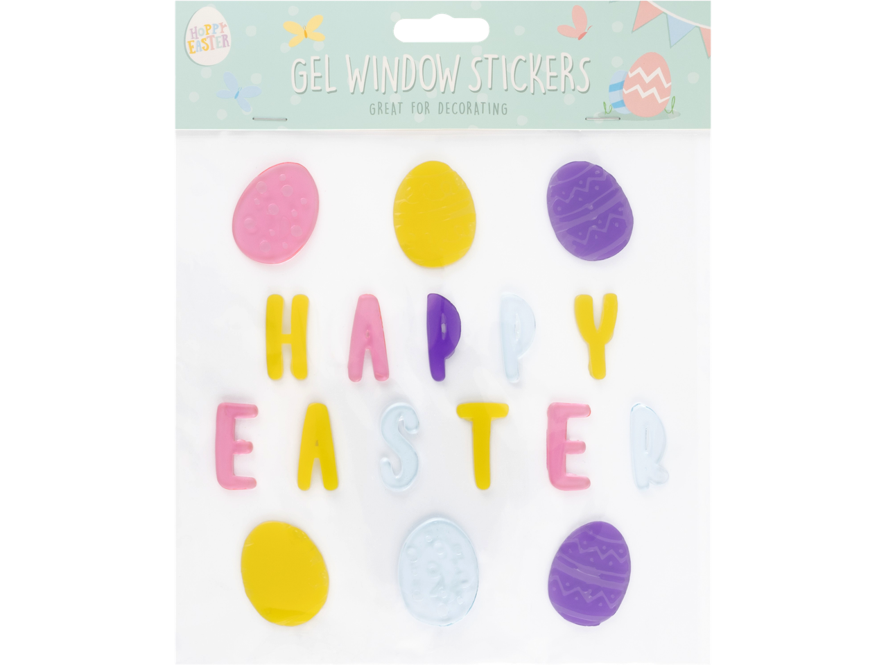 Easter gel window stickers spelling 'HAPPY EASTER' with egg shapes in various colors.